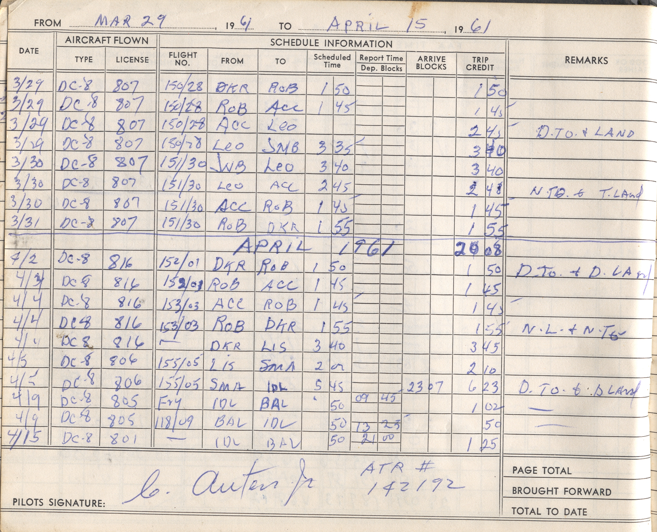 1961 March 29  - April 15 log book page.  This page shows Pan Am service to Africa.